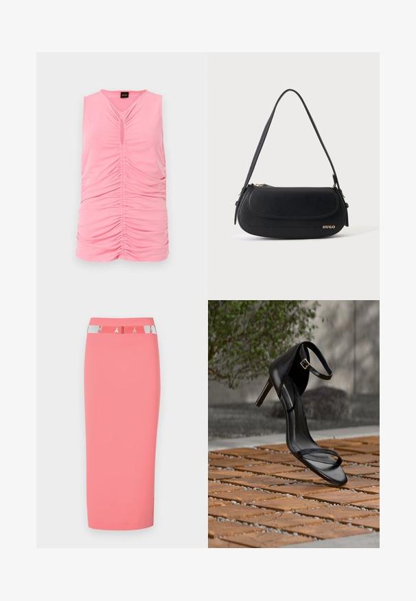 Mouwloos roze top gemaakt van zachte stof, met een geplooid patroon en een sleutelgaatje bij de halslijn. Soepele, getailleerde pasvorm.; Roze kokerrok van elastische stof, met een zilver- en zwarte tailleband met metallic accenten en een slank, aansluitend ontwerp.; Zwarte hoge hak sandaal met enkelbandje zweeft boven een houten tegelvloer buiten, met een onscherpe groene en stenen achtergrond.; Zwarte leren schoudertas met gebogen klep, gouden "HUGO" logo aan de voorkant en een enkele verstelbare riem.