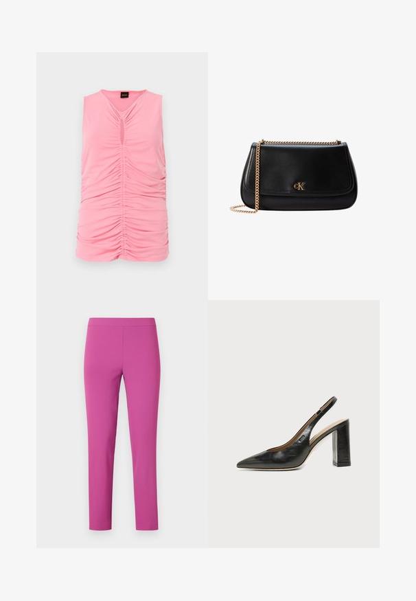 Top sin mangas de color rosa, hecho de una tela suave, con textura fruncida y un corte en forma de ojo de cerradura en el escote. Diseño suave y ajustado.; Pantalones ajustados de cintura alta en un vibrante color rosa, hechos de una tela lisa y elástica. Corte hasta los tobillos sin bolsillos ni cierres visibles.; Zapato slingback de piel negra con puntera puntiaguda, tacón alto y ancho, y forro interior beige sobre un fondo claro y liso.; Bolso bandolera de cuero negro con correa de cadena dorada y pequeño logo dorado de CK en la solapa frontal.