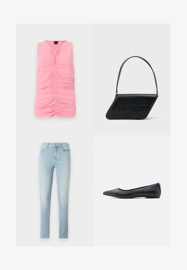 Ärmelloses rosa Oberteil aus weichem Stoff, mit geraffter Textur und einem Schlüsselloch-Ausschnitt am Hals. Glattes, tailliertes Design.; Hellblaue Skinny Jeans mit einer ausgewaschenen Waschung, Fünf-Taschen-Design, Reißverschluss und Knopfverschluss sowie einem leichten Stretchanteil für mehr Komfort.; Schwarzer flacher Lederschuh mit spitzer Kappe und niedrigem Absatz, seitlich vor weißem Hintergrund gezeigt.; Schwarze Leder-Umhängetasche mit dreieckiger Form, geprägt mit Logo und einem einzigen verstellbaren Riemen. Minimalistisches Design mit glatter Textur.