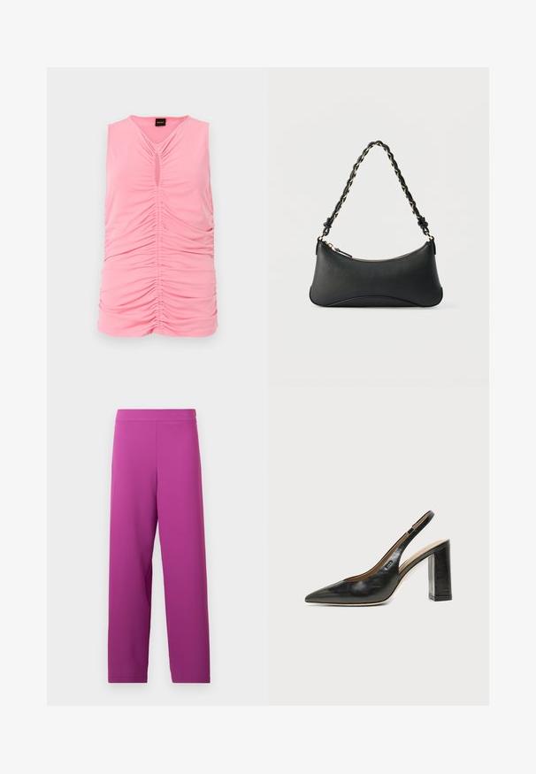 Ærmeløs pink top lavet af blødt stof, med rynket tekstur og en nøglehuludskæring ved halsen. Glat, tætsiddende design.; Lilla wide-leg bukser lavet af blødt, strækbart stof. Har en høj talje og ingen synlig hardware eller mønstre.; Sort læder peep-toe slingback sko med høj blokhæl og beige indvendig foring mod en ensfarvet lys baggrund.; Sort skuldertaske i læder med en buet rektangulær form, gyldent kæde vævet ind i en flettet sort rem og toplynlås.