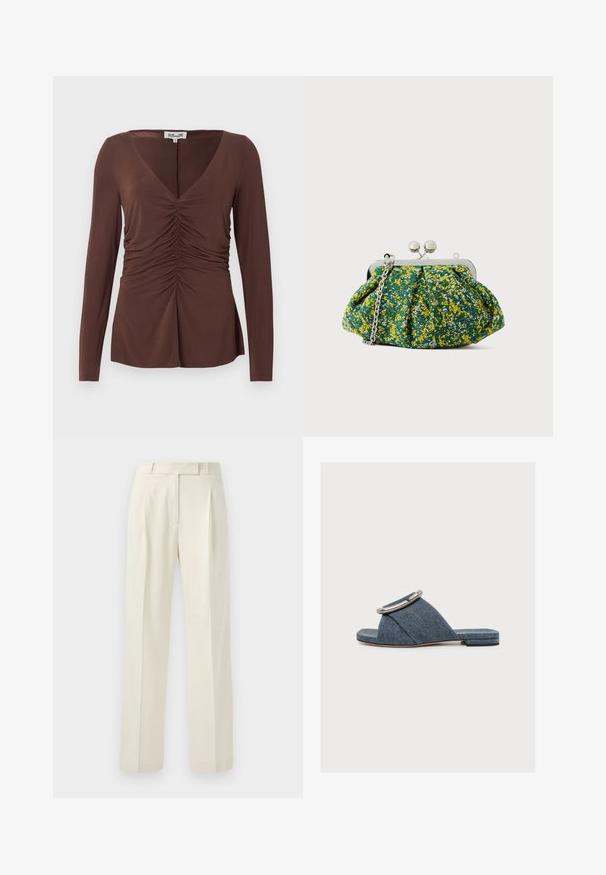 Bruine top met lange mouwen, V-hals en geplooide middenpartij, gemaakt van zachte stof, met label "Baum und Pferdgarten."; Crème-kleurige broek met een getailleerde pasvorm, met een vlakke voorkant, plooien en rechte pijpen, vervaardigd uit een zachte, gestructureerde stof.; Blauwe denim platte slide sandaal met brede gekruiste band, groot zilverkleurig ringdetail en lage hak, getoond op een witte achtergrond.; Clutchtas van groene stof met geel- en blauwe bloemenprint, zilveren metalen frame en kettingriem. Geplooid design voegt textuur toe.