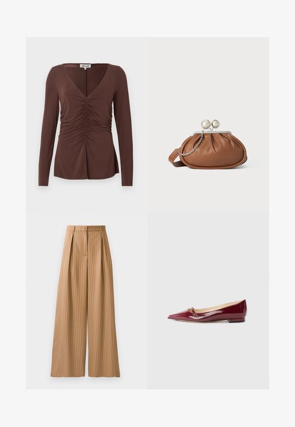 Haut marron à manches longues avec col en V et détails froncés au centre, en tissu doux, étiqueté "Baum und Pferdgarten".; Pantalons évasés en tissu beige avec des rayures blanches verticales. Comprend des plis à la taille et une texture lisse.; Ballerines en cuir verni bordeaux avec un bout pointu, présentant un petit détail découpé et un petit talon. Texture lisse et design épuré.; Pochette en cuir marron avec un fermoir à boule en argent et un petit détail en chaîne argentée sur fond blanc.