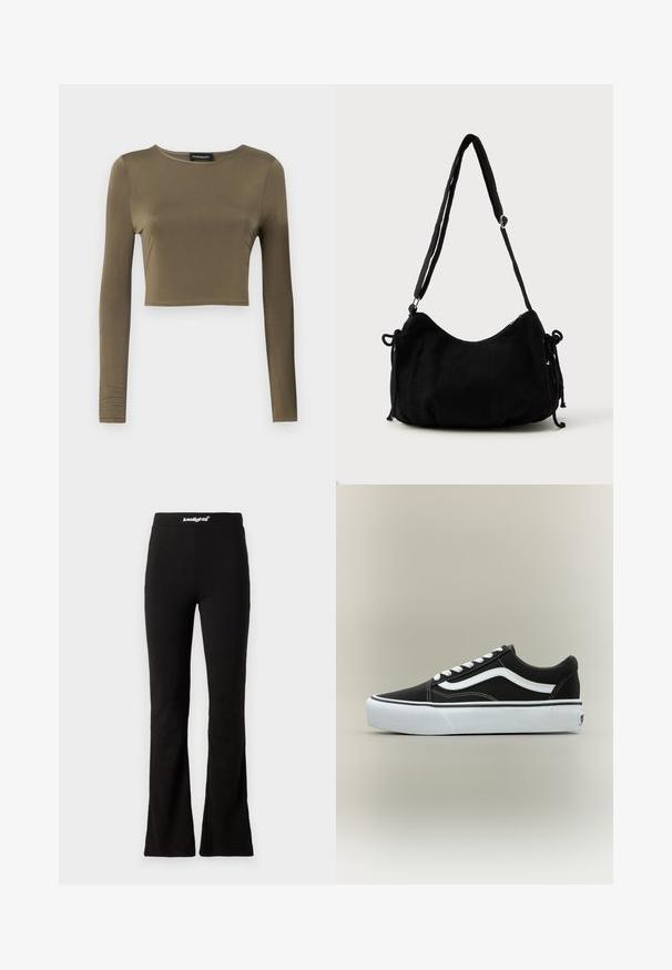 Haut court à manches longues olive en tissu lisse et extensible ; présente un col rond et une coupe ajustée avec des bords finis.; Leggings noires évasées avec une texture lisse et une taille élastique arborant un logo blanc. Conçus pour le confort et la flexibilité.; Baskets basses noires avec bande blanche latérale, lacets blancs, semelle en caoutchouc blanche et bout texturé sur fond neutre.; Sac à épaule en velours côtelé noir avec une forme courbée, bandoulière réglable et fermetures à cordon des deux côtés pour un ajustement de taille.