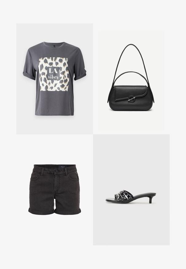 Grå t-shirt med et leopardprint-design i guld og sort med teksten "LA vibes" i en central firkant på forsiden. Korte ærmer.; Sorte denim shorts med oprullede kant, med fem-lomme design og knaplukning i taljen. Glat tekstur, afslappet pasform.; Sorte hælede sandaler med flere glossy stropper og metalliske accenter, med en spids tå og beskedne kittenhæle. Glat tekstur.; Sort læderhåndtaske med afrundede kanter, asymmetrisk klap, metalcirkulært spænde samt både korte og lange skulderstropper.