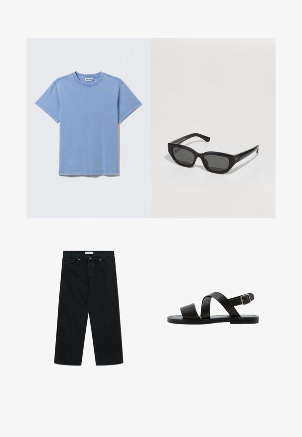 Pevné svetlomodré bavlnené tričko s krátkym rukávom, okrúhlym výstrihom a viditeľným prešitím, s malou bielou značkovou nálepkou vo vnútri goliera.; Čierne široké džínsy z denimovej tkaniny, s predným zapínaním na gombík, pútkami na opasok a vreckami. Hladká textúra, minimalistický design.; Čierne rovné sandále s dvoma širokými pásmi prechádzajúcimi cez chodidlo a nastaviteľným pásikom okolo členka so striebornou prackou.; Čierne obdĺžnikové slnečné okuliare s tmavými sklami, hrubými plastovými rámami, predná časť s ostrými hranami a jemne lesklým povrchom. Zlatý detail na spánku.