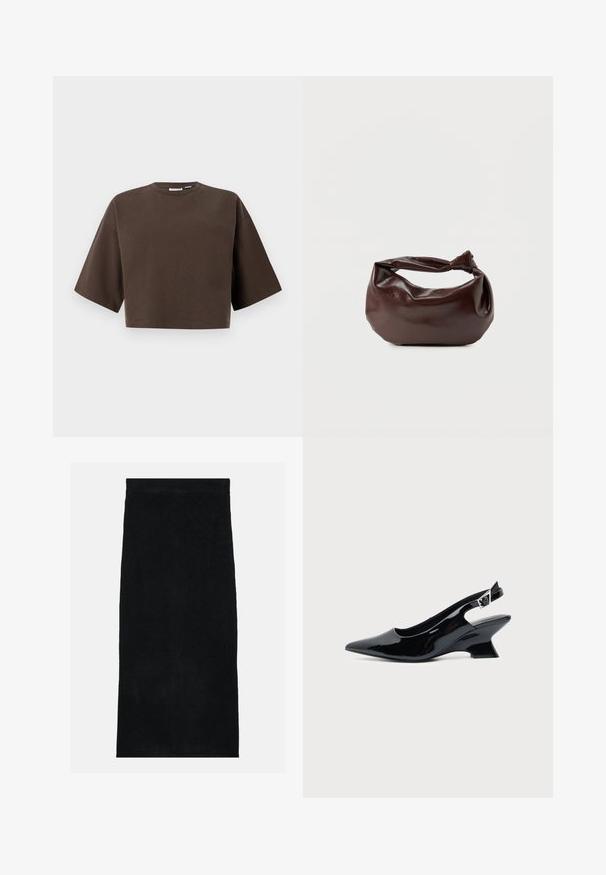 Sweat-shirt court à manches courtes, col rond, de couleur marron foncé avec une coupe décontractée, présenté sur un fond clair uni.; Jupe en éponge noire, présentant une surface douce et texturée ainsi qu'une taille ajustée. Le design est simple et uniforme, sans motifs ni accents.; Chaussure slingback en cuir verni noir avec bout pointu et petit talon bloc incliné sur fond clair uni.; Sac bandoulière en cuir marron foncé avec une forme souple et décontractée et une anse nouée torsadée sur un fond blanc uni.