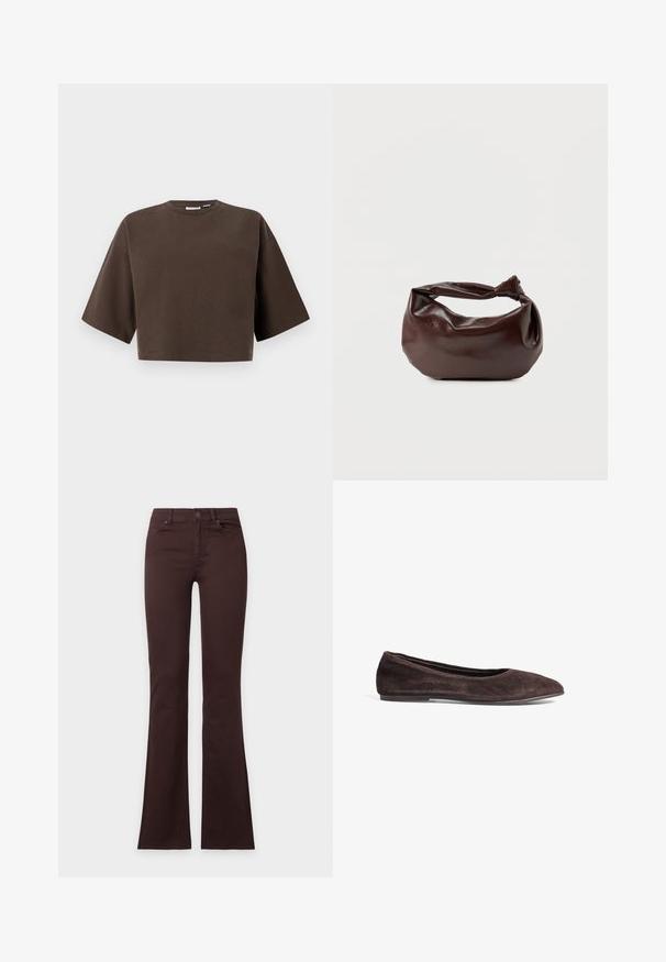 Kortærmet cropped mørkebrun sweatshirt med rund hals og løs pasform, vist mod en ensfarvet lys baggrund.; Mørkebrune bootcut-jeans med knap og lynlåslukning, for- og baglommer, vist fladt på en ensfarvet hvid baggrund.; Brune ruskinds ballerina med spids tå og lav profil. Har en glat tekstur og minimalistisk design. Ingen synlig hardware eller accenter.; Mørkebrun læder skuldertaske med en blød, afslappet form og et snoet knudehåndtag på en ensartet hvid baggrund.