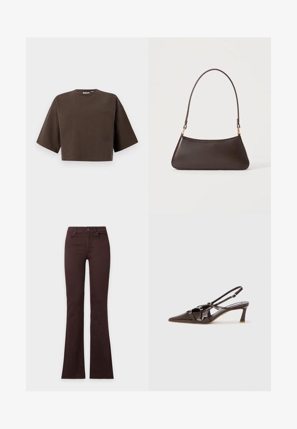 Kortærmet cropped mørkebrun sweatshirt med rund hals og løs pasform, vist mod en ensfarvet lys baggrund.; Mørkebrune bootcut-jeans med knap og lynlåslukning, for- og baglommer, vist fladt på en ensfarvet hvid baggrund.; Brune patenteret læder slingback hæl med spids tå, justerbare stropper og dekorative spænder foran. 3-tommers hælhøjde.; Mørkebrun læderhåndtaske med en buet toplynlås og en tynd skulderrem med guldfarvede låse på en ensfarvet baggrund.
