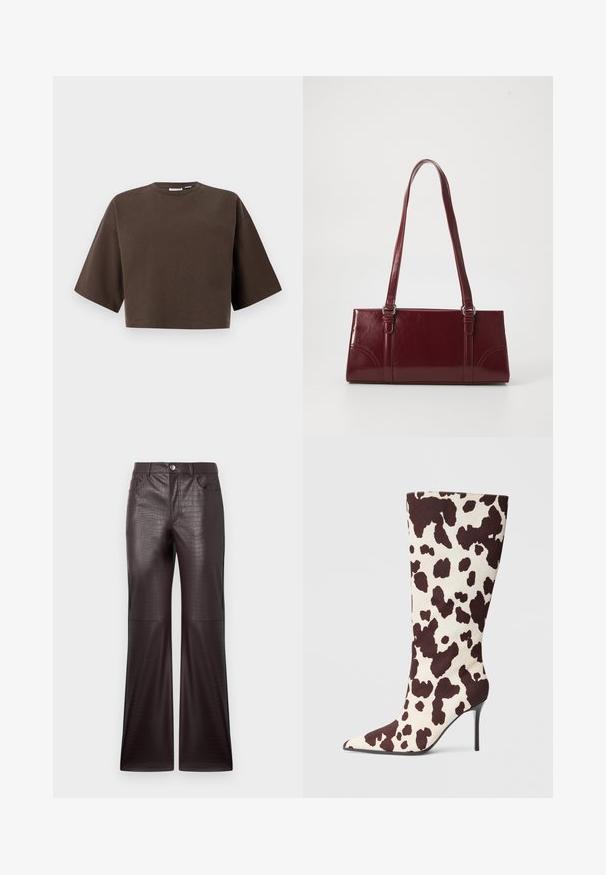 Sweat-shirt court à manches courtes, col rond, de couleur marron foncé avec une coupe décontractée, présenté sur un fond clair uni.; Pantalons en simili cuir de couleur brun foncé avec motif crocodile, design à jambe évasée, dotés de poches avant et d'une fermeture à bouton argenté.; Bottes jusqu'aux genoux à bout pointu en tissu imprimé vache crème et marron, avec un talon aiguille fin et une texture lisse.; Sac à main bordeaux en matériau brillant, de forme rectangulaire, avec deux anses et des accents légèrement courbés à l'avant.