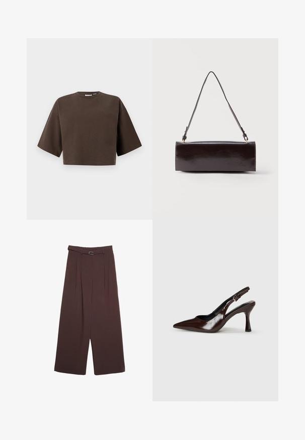 Kortærmet cropped mørkebrun sweatshirt med rund hals og løs pasform, vist mod en ensfarvet lys baggrund.; Stradivarius SMART WIDE-LEG WITH BUCKLE DETAIL - Bukser - dark brown; Brune patenterede læderslingback-sandaletter med spids tå, en tynd hæl og justerbar rem med en lille spænde.; Rektangulær sort læderhåndtaske med en enkelt lang rem og blank finish, vist mod en ensfarvet hvid baggrund.