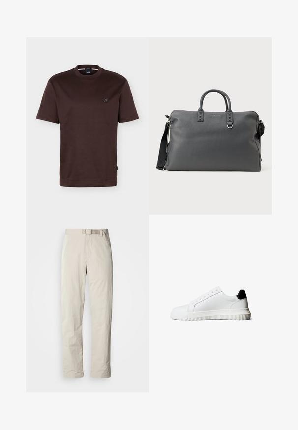 T-shirt à manches courtes, col rond, uni de couleur marron foncé, avec un petit logo rond sur la poitrine gauche et une étiquette de marque noire sur la couture latérale.; Pantalons beiges au design droit, fabriqués dans un tissu léger. Dotés d'une ceinture intégrée et d'une texture subtile avec une finition élégante.; Baskets en cuir blanc avec un accent noir au talon, équipées de lacets plats, d'un bout arrondi et d'une semelle en caoutchouc rainurée pour une meilleure adhérence.; Sac en cuir texturé gris avec des poignées doubles, une bandoulière amovible et des accessoires en métal. Comprend une fermeture éclair et un détail de logo embossé.