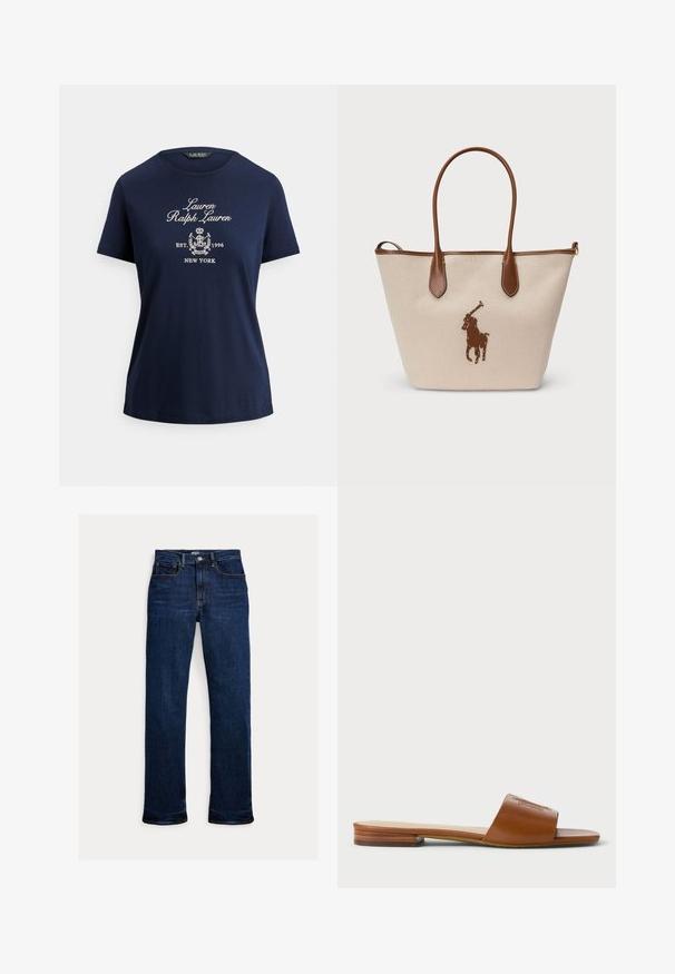 Camiseta de algodón azul marino con cuello redondo, mangas cortas y texto bordado en blanco que muestra el logo y detalles de la fundación. Textura suave.; Vaqueros de mezclilla azul oscuro de pernera recta con botón y cremallera delanteros, diseño de cinco bolsillos y detalles de costuras visibles.; Sandalia deslizante de cuero marrón con una tira ancha y detalles en relieve, suela plana con un ligero acento de madera en el talón, diseño minimalista.; Bolso tote de lona beige con detalles y asas de cuero marrón, con un logo bordado de un jugador de polo marrón en la parte frontal.