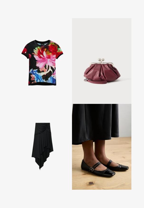 Zwart t-shirt met korte mouwen en een levendige bloemenprint in roze, rood en blauw, met een ronde hals en contrasterende zoom.; Zwarte asymmetrische rok met gerimpeld detail bij de taille en gelaagde gedrapeerde stof die een trapvormige zoom creëert.; Zwarte gepatineerde leren ballerina's met een vierkante neus, voorzien van twee banden met gespen. De zolen zijn plat op een lichte houten vloer.; Kleine bordeauxrode leren clutch met zilveren metalen gesp en polsriem op een witte achtergrond.