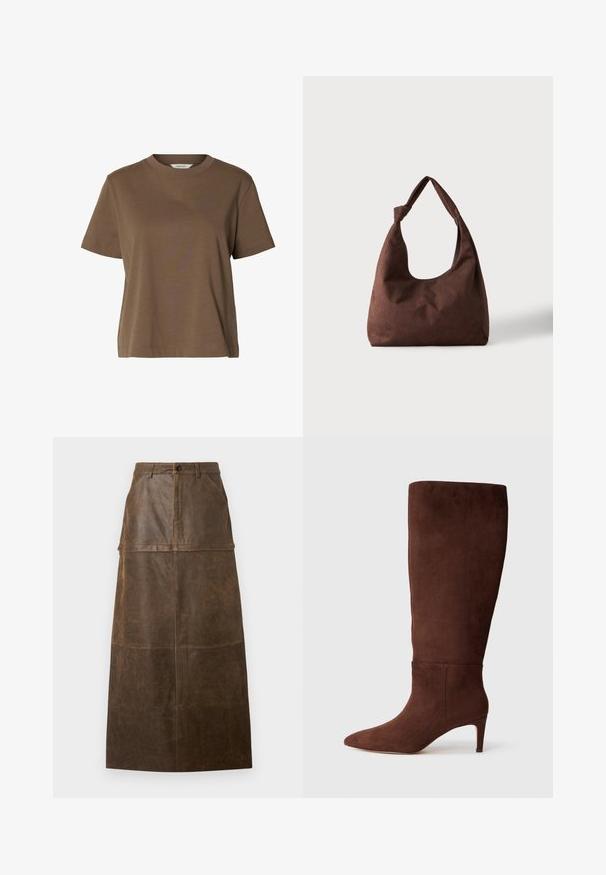 Brun t-shirt med korte ærmer og rund hals lavet af ensfarvet stof med en afslappet pasform og minimale syninger.; Brun læder midi-nederdel med høj talje, frontlommer og en glat overflade med synlige syninger.; Brune ruskinds knæhøje støvler med spids tå og stilettohæl. Glat tekstur og minimalistisk design. Ingen synlige hardware eller detaljer.; Brun tekstureret stofhåndtaske med et enkelt håndtag bundet i en knude, vist mod en ensfarvet lys baggrund.