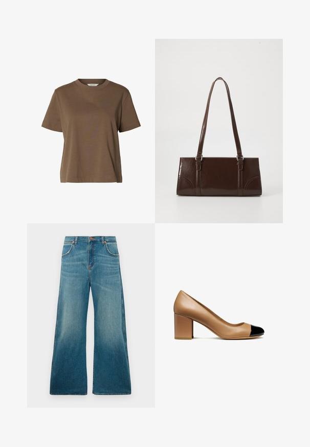 Braunes T-Shirt mit kurzen Ärmeln und Rundhalsausschnitt aus einfarbigem Stoff mit lockerem Schnitt und minimalen Nähten.; Hochtaillierte blaue Jeans aus Denim mit weitem Bein, frontalen Taschen, Knopfverschluss und einem verblassten Farbverlauf von der Taille bis zum Saum.; Beige Lederpumps mit runder Spitze und schwarzem Lackkappen, ausgestattet mit einem Blockabsatz und glatter Textur.; Braune Lackleder-Handtasche in rechteckiger Form, mit zwei langen Griffen und subtilen, geschwungenen Akzenten auf der Vorderseite.