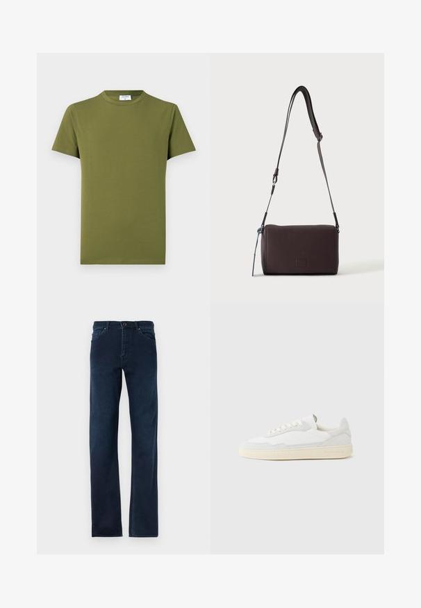 Olivgrünes T-Shirt mit kurzen Ärmeln aus weichem, glattem Stoff. Klassischer Rundhalsausschnitt, klare Linien und keine sichtbaren Muster oder Akzente.; Dunkelblaue Jeans aus Denim mit geradem Schnitt, fünf Taschen, einem Knopfverschluss und kontrastierenden Nähten entlang der Säume.; Weißer Sneaker mit strukturiertem Obermaterial aus Wildleder und Leder. Verfügt über eine runde Zehenpartie, Schnürverschluss und eine kontrastierende beige Gummisohle.; Dunkelbraune, strukturierte Leder-Crossbody-Tasche mit verstellbarem Riemen und kleinem dekorativen blauen Akzent an der Seite.