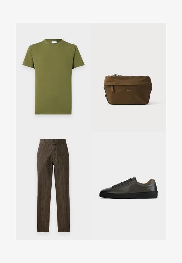 T-shirt manches courtes de couleur vert olive, fabriqué en tissu doux et lisse. Col rond classique, lignes épurées, sans motifs ni accents visibles.; Pantalons en velours côtelé marron avec des rayures verticales, une coupe droite et une fermeture à bouton à l'avant. Texture lisse avec un design classique.; Basket basse en cuir gris foncé avec lacets et semelle noirs, design minimaliste, profil latéral sur un fond clair uni.; Trousse rectangulaire marron à fermeture éclair, avec petite poche avant et texte "Tiger of Sweden 1903" sur le devant.