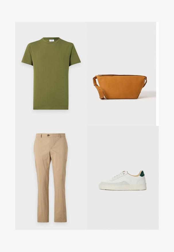 Olivgrünes T-Shirt mit kurzen Ärmeln aus weichem, glattem Stoff. Klassischer Rundhalsausschnitt, klare Linien und keine sichtbaren Muster oder Akzente.; Beige Baumwollhosen mit geradem Bein, ausgestattet mit einem Knopfverschluss, Gürtelschlaufen und einer glatten Textur. Keine sichtbaren Muster.; Weiße Sneaker mit Wildlederelementen, runder Zehenpartie, flachen Schnürsenkeln und einer cremefarbenen Gummisohle. Mit grünen Markenlogo am Fersenbereich.; Hellbraune Leder-Umhängetasche mit verstellbarem Schulterriemen und Reißverschluss, vor einem schlichten hellen Hintergrund gezeigt.