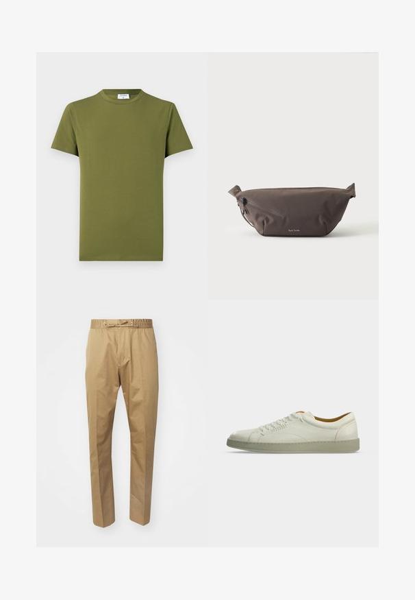 Olijfgroen T-shirt met korte mouwen gemaakt van zachte, gladde stof. Klassieke ronde hals, strakke lijnen, zonder zichtbare patronen of accenten.; Beige broeken met een elastische tailleband en verstelbare trekker. Glad oppervlak, rechte pijpen en een minimalistisch ontwerp.; Witte lage lederen sneaker met beige zool, zijveters en minimale stiksel details, getoond op een eenvoudige lichtgrijze achtergrond.; Donkerbruine stoffen heuptas met diagonale ritssluiting en klein wit logo aan de voorkant, tegen een effen lichte achtergrond.