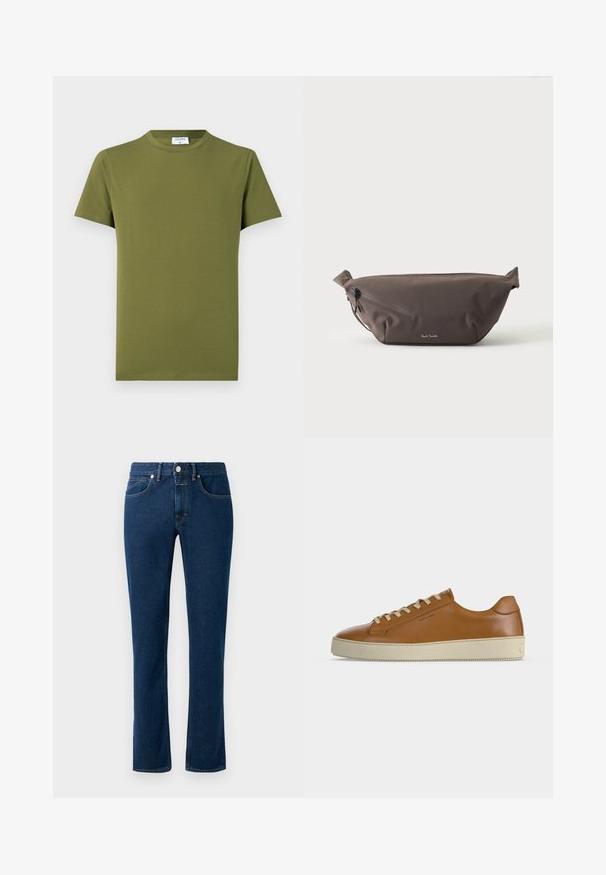 Olijfgroen T-shirt met korte mouwen gemaakt van zachte, gladde stof. Klassieke ronde hals, strakke lijnen, zonder zichtbare patronen of accenten.; Donkerblauwe denim jeans met een slim recht model, klassieke vijf-pocket stijl en een knoopsluiting bij de taille.; Lage bruine leren sneaker met crèmekleurige veters en dikke crèmekleurige rubberen zool, zijaanzicht op witte achtergrond.; Donkerbruine stoffen heuptas met diagonale ritssluiting en klein wit logo aan de voorkant, tegen een effen lichte achtergrond.