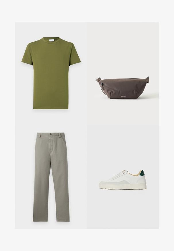 Olivgrünes T-Shirt mit kurzen Ärmeln aus weichem, glattem Stoff. Klassischer Rundhalsausschnitt, klare Linien und keine sichtbaren Muster oder Akzente.; Hellegraue Baumwollhose mit geradem Bein, Gürtelschlaufen und einer einzelnen Knopfverschluss am Bund.; Weiße Sneaker mit Wildlederelementen, runder Zehenpartie, flachen Schnürsenkeln und einer cremefarbenen Gummisohle. Mit grünen Markenlogo am Fersenbereich.; Dunkelbraune Stoff-Gürteltasche mit diagonalem Reißverschlussfach und kleinem weißen Logo vorne, vor einem einfarbigen hellen Hintergrund.