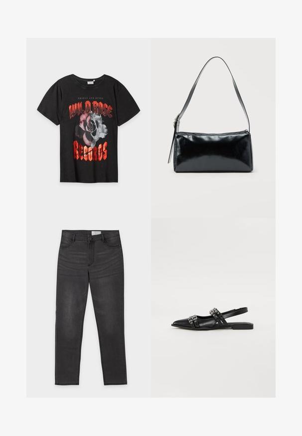Sort T-shirt med et stort gråtone-rosenmotiv og rød tekst, der læser ""Wild Rose Records"" i fed rock-stil skrifttype.; Sort denim med lige ben, knap- og lynlåslukning, for- og baglommer samt diskret falming på lårene, lagt fladt på en hvid baggrund.; Even&Odd Slingback-ballerinasko - black; Sort rektangulær skuldertaske med en enkelt justerbar rem og lynlås i toppen på en ensfarvet baggrund.