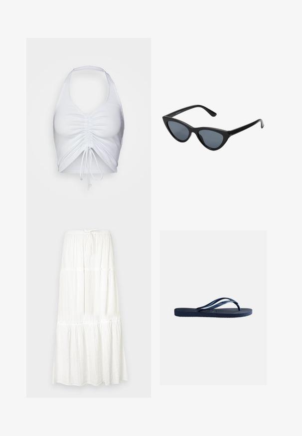 Even&Odd Top - white; Hvid maxinederdel med et lagdelt design, elastik i taljen og snor. Fremstillet af letvægtsstof med en tekstureret finish.; Marineblå gummiflip-flop med tekstureret sål og Y-formede stropper, isoleret på ensartet lysegrå baggrund.; Sorte katteøje solbriller med mørkegrå linser, slankt plastisk stel, spidse hjørner og lige stænger. Ingen synlig hardware eller dekorationer.