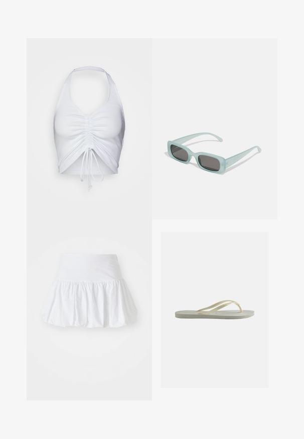 Even&Odd by Zalando Μπλούζα - white; Λευκή φουστάνι σε φαρδιά γραμμή, κατασκευασμένη από ελαφρύ ύφασμα, με συγκεντρωμένο σχέδιο και ελαστική μέση για άνεση. Δεν έχει ορατά μοτίβα ή διακοσμητικά στοιχεία.; Μονό απαλό λευκό λαστιχένιο σαγιονάρι με λεπτούς ιμάντες και υφή στην πέλμα, εμφανιζόμενο από το πλάι σε απλό φόντο.; Ενα ζευγάρι ορθογώνια γυαλιά ηλίου με ανοιχτό μπλε ημιδιαφανείς σκελετούς και σκούρους γκρι φακούς, διαθέτοντας ίσιες βραχίονες και ελάχιστες λεπτομέρειες υλικών.