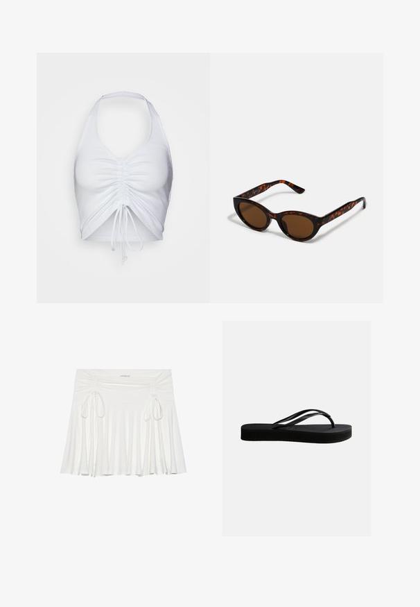 Even&Odd by Zalando Top - white; Weißer, ausgestellter Rock aus weichem Material, mit gerafften Seitenansätzen und verstellbaren Bändern, die eine fließende Silhouette erzeugen.; Schwarze Gummiflips mit strukturierter Sohle und Y-förmigem Riemen, seitliche Ansicht vor schlichtem hellem Hintergrund.; Braune Schildpatt-Sonnenbrille mit einer Vintage-Cat-Eye-Form und braunen Gläsern. Verfügt über gebogene Bügel mit roten Akzenten.