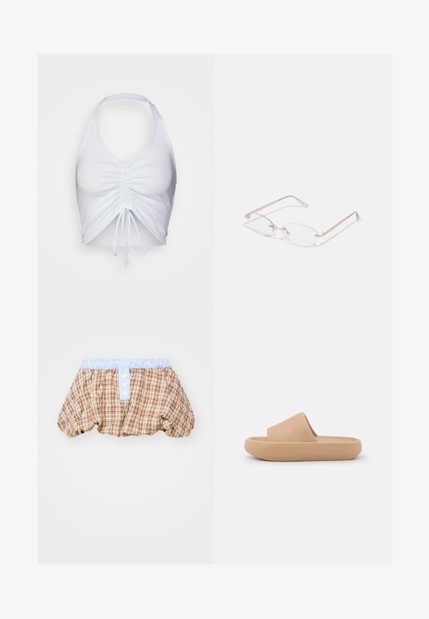 Even&Odd Débardeur - white; Shorts bouffants à carreaux en marron, beige et rouge avec une ceinture rayée bleu clair et des détails de boutons à l'avant.; Sandale glissante beige avec une large sangle texturée et une semelle arrondie. Présente une finition lisse et un dessous cranté pour une meilleure adhérence.; Lunettes en métal doré avec des verres ovales, des branches fines et des plaquettes de nez transparentes. Présente des accents subtils sur les charnières et des verres transparents.