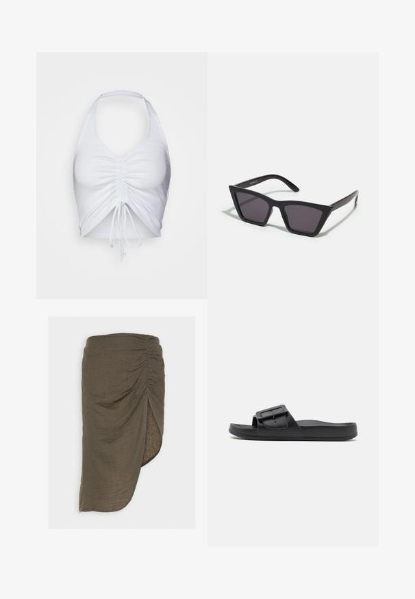Even&Odd by Zalando Débardeur - white; Pieces PCSTINA HIGH SLIT SKIRT - Jupe crayon - kalamata; Sandale noire à semelle plate avec une large sangle, boucle ajustable et texture mate lisse. Design simple sans motifs supplémentaires.; Lunettes noires angulaires avec des verres gris ; fabriquées en plastique, avec des branches épaisses à la surface lisse et sans matériel visible.
