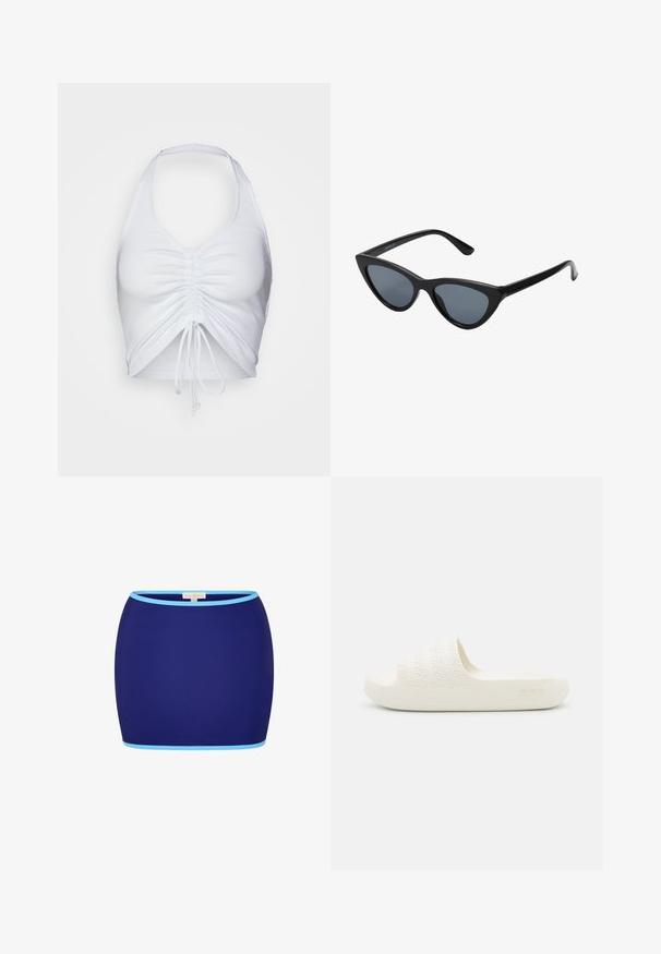 Even&Odd by Zalando Top - white; Mørkeblå mini nederdel med lyseblå kant på toppen og bunden, præsenteret på en hvid baggrund.; Hvide slip-on sandaler med en tekstureret rem, der har vandrette riller og en glat sål. Subtil branding på siden.; Sorte katteøje solbriller med mørkegrå linser, slankt plastisk stel, spidse hjørner og lige stænger. Ingen synlig hardware eller dekorationer.