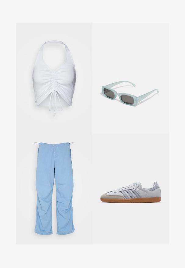 Even&Odd by Zalando Topp - white; Heled sinised, laiad püksid, mis on valmistatud pehmest kangast. Omavad nöörkaanet, kahte küljetaskut ja mugavat lõiget puhta õmblusega.; Valged nahast tossud helesiniste detailidega, hallist suede'ist varvas ja pruun kummitald. Omab kolme sinist triipu ja "Samba" brändimist.; Kaks ümmargust päikeseprilli, millel on helesinised poolläbipaistvad raamid ja tumehallid objektiivid, sirged tempud ja minimaalsete detailidega riistvara.