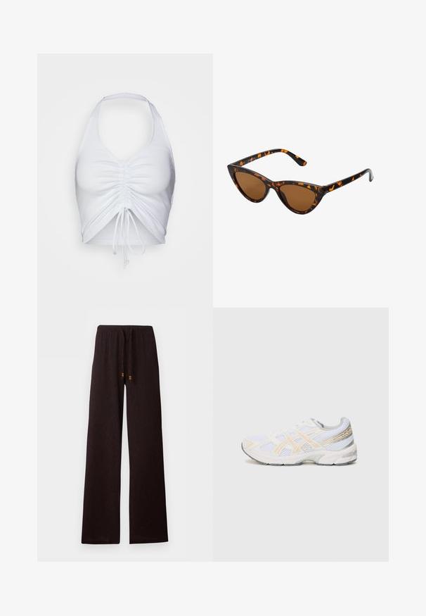 Even&Odd Top - white; Pantalones de pierna ancha de color marrón oscuro con cintura elástica y cordón que presenta pequeñas cuentas de madera, colocados planos sobre un fondo blanco.; Zapatilla deportiva blanca con material de malla, con acentos en naranja claro y gris, suela texturizada y cuello acolchado para mayor comodidad.; Gafas de sol estilo ojo de gato con montura de carey negra y naranja, lentes marrones y puntas elegantes y afiladas. Presenta un logo minimalista en la patilla.