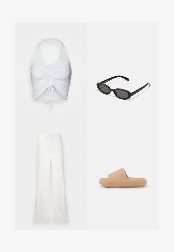 Even&Odd by Zalando Débardeur - white; Pantalon en crochet blanc taille haute avec jambes évasées et ceinture à cordon sur un fond uni.; Sandale glissante beige avec une large sangle texturée et une semelle arrondie. Présente une finition lisse et un dessous cranté pour une meilleure adhérence.; Even&Odd by Zalando Lunettes de soleil - black