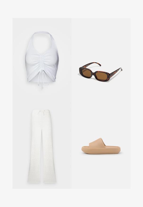 Even&Odd Top - white; Hvide højhalset bukser i hækletrik med brede ben og snøre i taljen mod en ensfarvet baggrund.; Tan slidesandal med en tykk tekstureret rem og en rund sål. Har en glat overflade og en mønstret underside for bedre greb.; Skildpaddefarvede solbriller med rektangulær form, brune linser, glat plastikskelet og tynde stænger med subtile tonale mønstre.