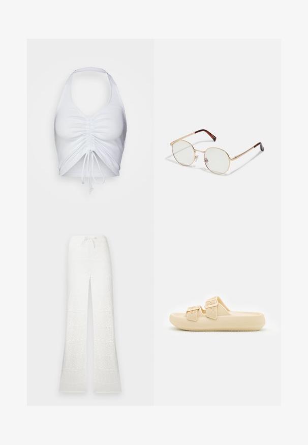 Even&Odd by Zalando Top - white; Hvide højhalset bukser i hækletrik med brede ben og snøre i taljen mod en ensfarvet baggrund.; Beige slip-on sandal med tekstureret overdel, justerbare spænder og en tyk, polstret sål. Letvægtsdesign velegnet til afslappet brug.; Guldmetals ovale briller med klare linser. Skildpadde-mønster detaljer på stængerne. Justerbare næsepuder for komfort.