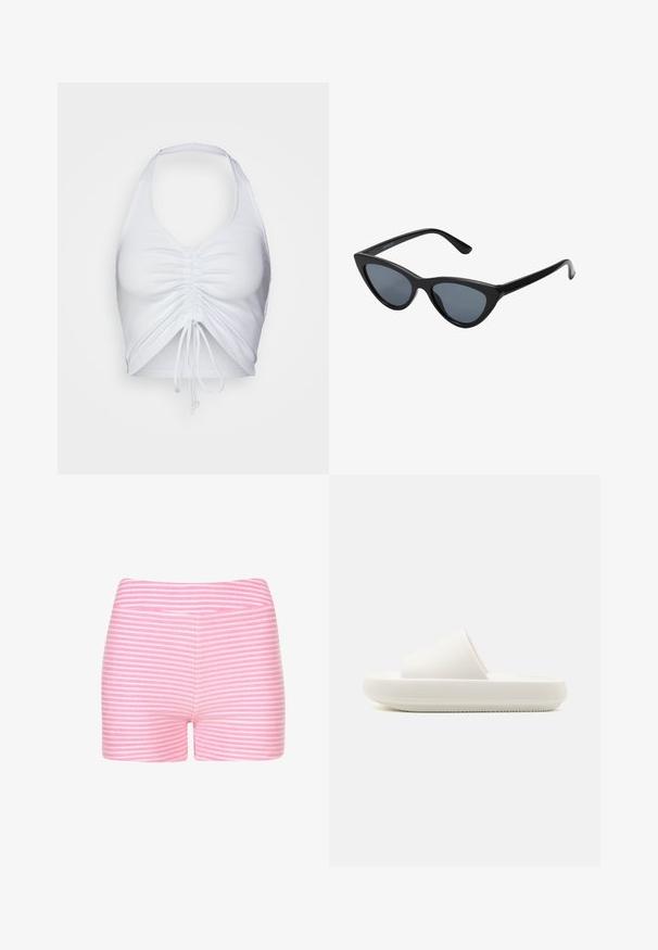 Even&Odd by Zalando Top - white; Lyserøde og hvide stribede shorts lavet af blødt stof. Har et tætsiddende design og en glat talje med ingen ekstra detaljer eller hardware.; Hvid slidesandal med en tekstureret rem og en rund, forhøjet sål. Materialet ser glat og holdbart ud med et subtilt mønster.; Sorte katteøje solbriller med mørkegrå linser, slankt plastisk stel, spidse hjørner og lige stænger. Ingen synlig hardware eller dekorationer.