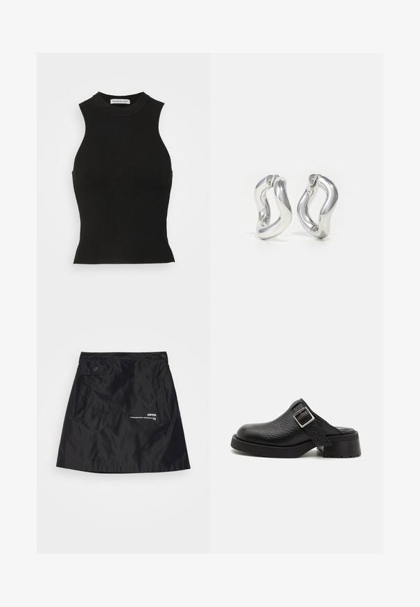 DESIGNERS REMIX MANDY TANK - Top - black; Schwarzer Rock aus glattem, leichtem Stoff. Verfügt über zwei Fronttaschen, zwei Knöpfe am Bund und ein in Weiß aufgedrucktes Markenzeichen.; Schwarze Lederclogs mit strukturierter Oberfläche, verstellbarem Schnallenriemen und einem stabilen Absatz. Glatte, runde Zehenform mit einer soliden schwarzen Sohle.; Silberne Creolen mit gedrehtem Design. Abgerundete Kanten und glänzende Oberfläche. Offen schließende Verschlüsse für einfaches An- und Ausziehen. Glatte Textur durchgehend.
