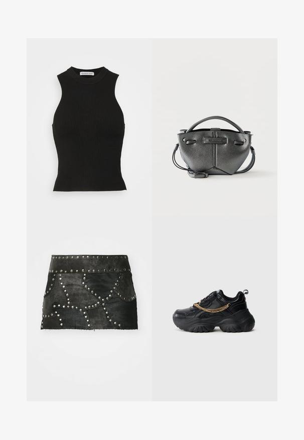 DESIGNERS REMIX MANDY TANK - Top - black; Čierna kožená sukňa so dekoratívnymi striebornými cvočkami a zakriveným švom. Má priliehavý pás a lem, ktorý sa nachádza nad stredom stehna.; Čierne robustné tenisky s vrchnou časťou z textúrovanej kože, hrubou gumovou podrážkou a zlatým reťazovým zdobením cez vrch pre výrazný akcent.; Čierna štruktúrovaná kožená kabelka s zaoblenými hornými rúčkami, odnímateľným ramenným popruhom a jemnými švami na bielom pozadí.