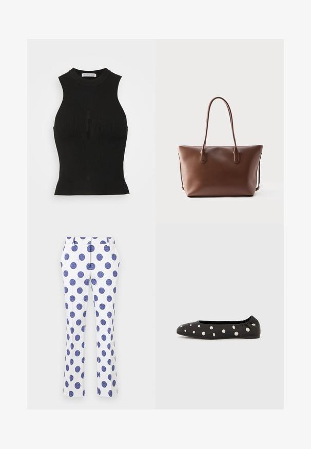 DESIGNERS REMIX MANDY TANK - Top - black; Hvide bukser med store blå prikker, med flad front, to sidelommer og lige ben. Glat stoffrist.; Sort ballerinasko med elastisk bag på skaftet og spredte store sølvfarvede runde nitter på overdelen, vist i profil mod en hvid baggrund.; Brun lædertaske med to lange håndtag, struktureret rektangulær form og minimalistisk design på hvid baggrund.
