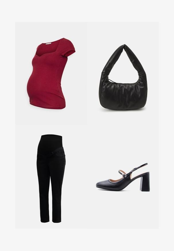 Anna Field MAMA T-Shirt basic - dark red; Schwarze Umstandshosen mit dehnbarem, hohem Bund und schlankem Bein, entworfen für Komfort und Unterstützung während der Schwangerschaft.; Schwarzer Mary Jane Pumps aus Leder mit Blockabsatz und verstellbarem Riemen, seitlich auf weißem Hintergrund gezeigt.; Schwarze Leder-Schultertasche mit lässigem Design, ausgestattet mit einem markanten, geknoteten Griff und einem Reißverschlussverschluss. Sanfte Textur über die gesamte Fläche.