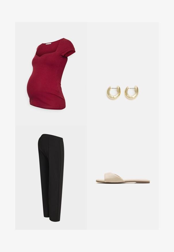 Anna Field MAMA T-Shirt basic - dark red; Schwarze gerade Hose, auf einer Schaufensterpuppe von hinten gezeigt, mit hohem Bund und schlichtem, unverziertem Design.; Flache Riemchensandalen aus einem weichen beigen Material, mit einem offenen Zehendesign, glatter Textur und minimalistischem Schnitt sowie einer hellbraunen Sohle.; Goldfarbene Creolen mit einer glatten, polierten Oberfläche. Sie haben eine halbkreisförmige Form und einen sicheren Stiftverschluss.