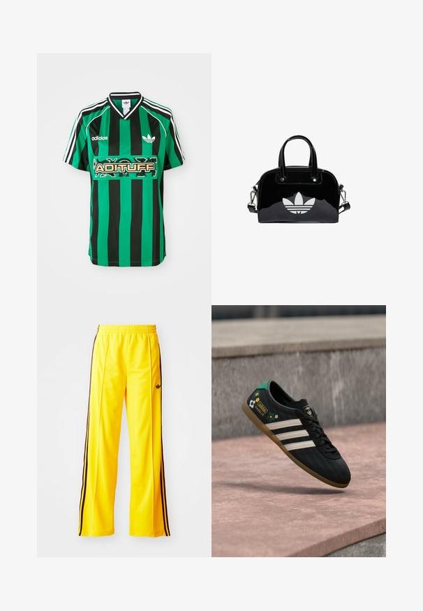 Groen en zwart gestreept shirt van lichtgewicht stof, met een V-hals, korte mouwen en een 'ADITUFF'-logo in het midden.; Gele sportbroek met zwarte zijstrepen en een elastische tailleband. Gemaakt van glad materiaal dat licht van gewicht is. Bevat een logo op de dij.; Zwarte sportschoen met witte strepen, een bovenwerk met patroon en bloemenaccenten, en een groene hiel. Rubberen zool zorgt voor grip.; Zwarte gepatenteerde leren handtas met een afgeronde vorm, dubbele handvaten bovenaan, zilveren accenten en een opvallend wit logo aan de voorkant.