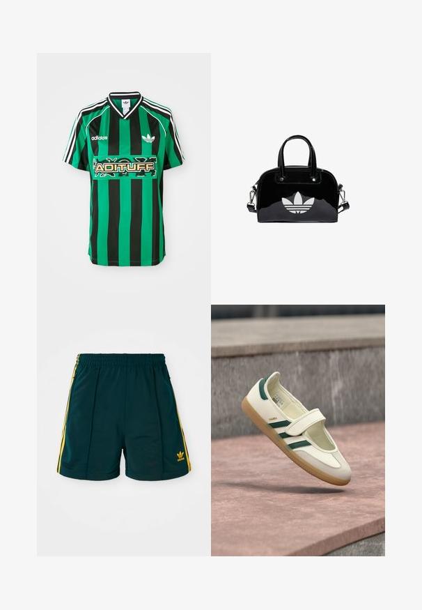Grøn og sort stribet trøje lavet af letvægtsstof, med V-hals, korte ærmer og et "ADITUFF" logo i midten.; Mørkegrønne sportsshorts med elastisk talje, prydet med gule sidelister og et broderet gult logo på underbenet.; Hvid lædersko med grønne striber, rund tå, fastgjort med en rem. Gummisål, minimalistisk design, hævet syning langs de øvre kanter.; Sort patentlæder håndtaske med rund form, to top-håndtag, sølvdetaljer og en fremtrædende hvid logo på fronten.