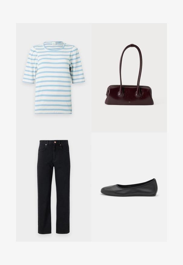 Stripet t-shirt i lyseblå og hvid, med ribbet tekstur, korte puffærmer og rund halsudskæring.; Sorte denim jeans med lige ben, fem-lomme design, kobberknap detaljer og minimal syning synlig.; Sort læderballetsko med rund tå, glat tekstur, minimal syning og et fleksibelt såldesign.; Mørkebrunt blankt læderhåndtaske med lange, tynde håndtag og en struktureret rektangulær bund på en ensfarvet lys baggrund.