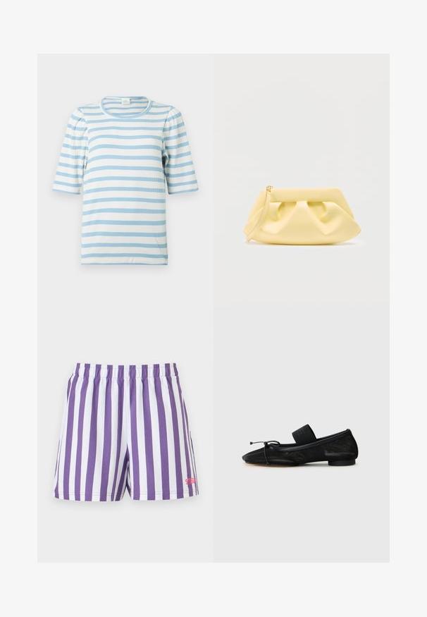 T-shirt rayé en bleu clair et blanc, avec une texture côtelée, des manches courtes à volants et un col rond.; Shorts à rayures verticales violet et blanc avec taille élastique et petit logo rouge en bas de la jambe droite.; Chaussure plate noire avec un bout pointu, fabriquée en tissu texturé, avec un accent à nœud et un petit talon rond. Sangle élastique au niveau de la cheville.; Pochette en cuir jaune doux avec des détails froncés et une fine lanière de poignet sur un fond clair uni.