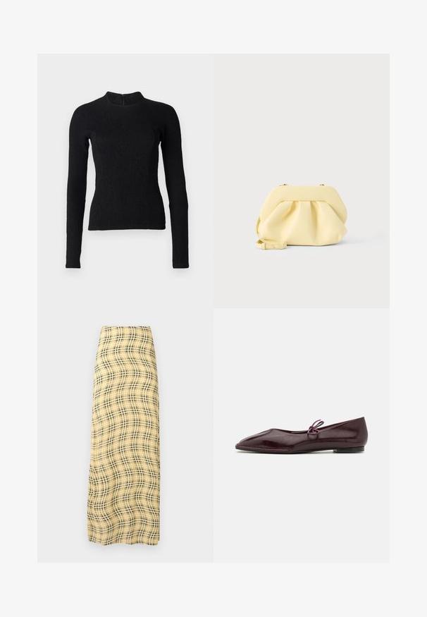 Must tumeelne, pikkade varrukatega top, millel on ülikitsas disain, tekstuuriga kangas ja kõrge kaelus. Omab peidetud tagasitõmmatavat luku.; Rabanne Maksiseelik - green/yellow/cream; Burgundia läikivast nahast ballerina kingad, terava ninaga ja dekoratiivse lilla sõlmega vamps; lame tallaga disain.; Pehme kollane nahast käekott kokoskujundusega ja eemaldatava rihmaga, heleda tausta ees.
