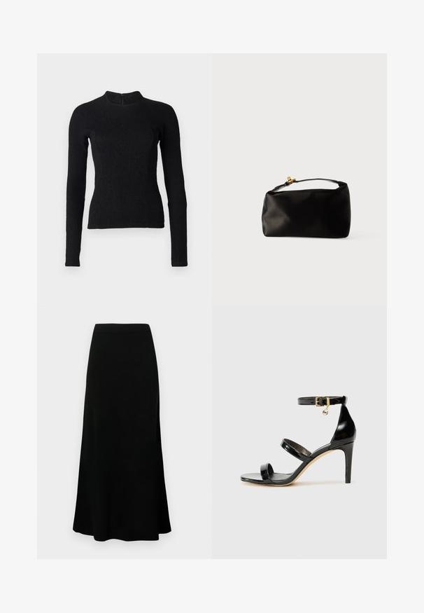 Top noir à manches longues avec une coupe ajustée, en tissu texturé, et un col montant. Dispose d'une fermeture éclair dissimulée dans le dos.; Jupe noire midi avec une taille ajustée, ourlet évasé, texture lisse, et sans motifs ni accents visibles.; Sandale en cuir verni noir avec trois brides, boucle de cheville et talon aiguille de 10 cm. Présente un détail en métal doré et un charm logo.; Pochette en satin noir avec une forme arrondie, une anse supérieure et un fermoir en doré. Texture lisse avec un design minimaliste.