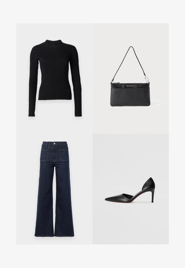 Sort langærmet top med en tætsiddende pasform, tekstureret stof og høj halsudskæring. Har en skjult lynlås på ryggen til lukning.; Mørkeblå flagrende jeans lavet af denim med høj talje, der har to baglommer og kontrasterende syninger langs sømmene.; Sorte læder højhælede pumps med spidse tæer, åbne sider og en slank silhuet. Har en tynd hæl og rød sål som accent.; Sort læder håndledspung, tekstureret overflade, lynlås lukning, sølvfarvet hardware, mærkelogo, justerbar rem. Kompakt og rektangulær form.